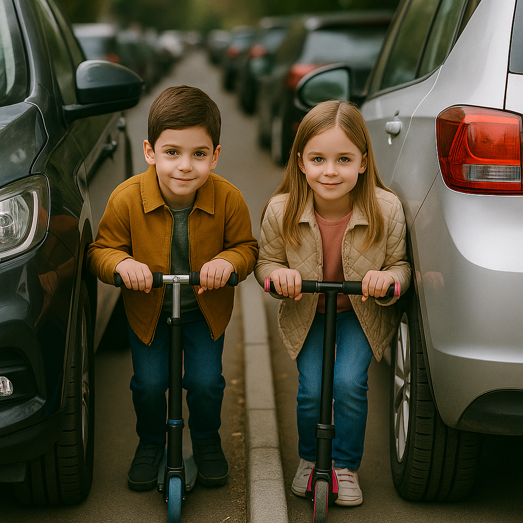 Bild A: Kinder zwischen Autos